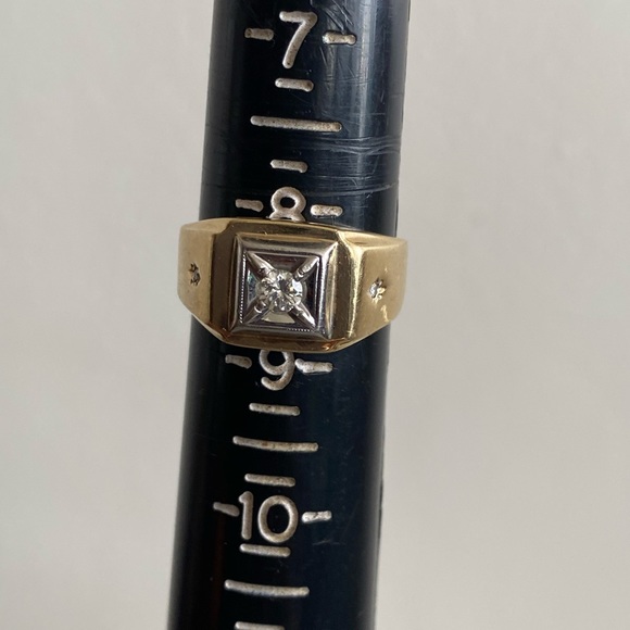 14K Yellow White Gold Diamond Signet Ring - Picture 4 of 10